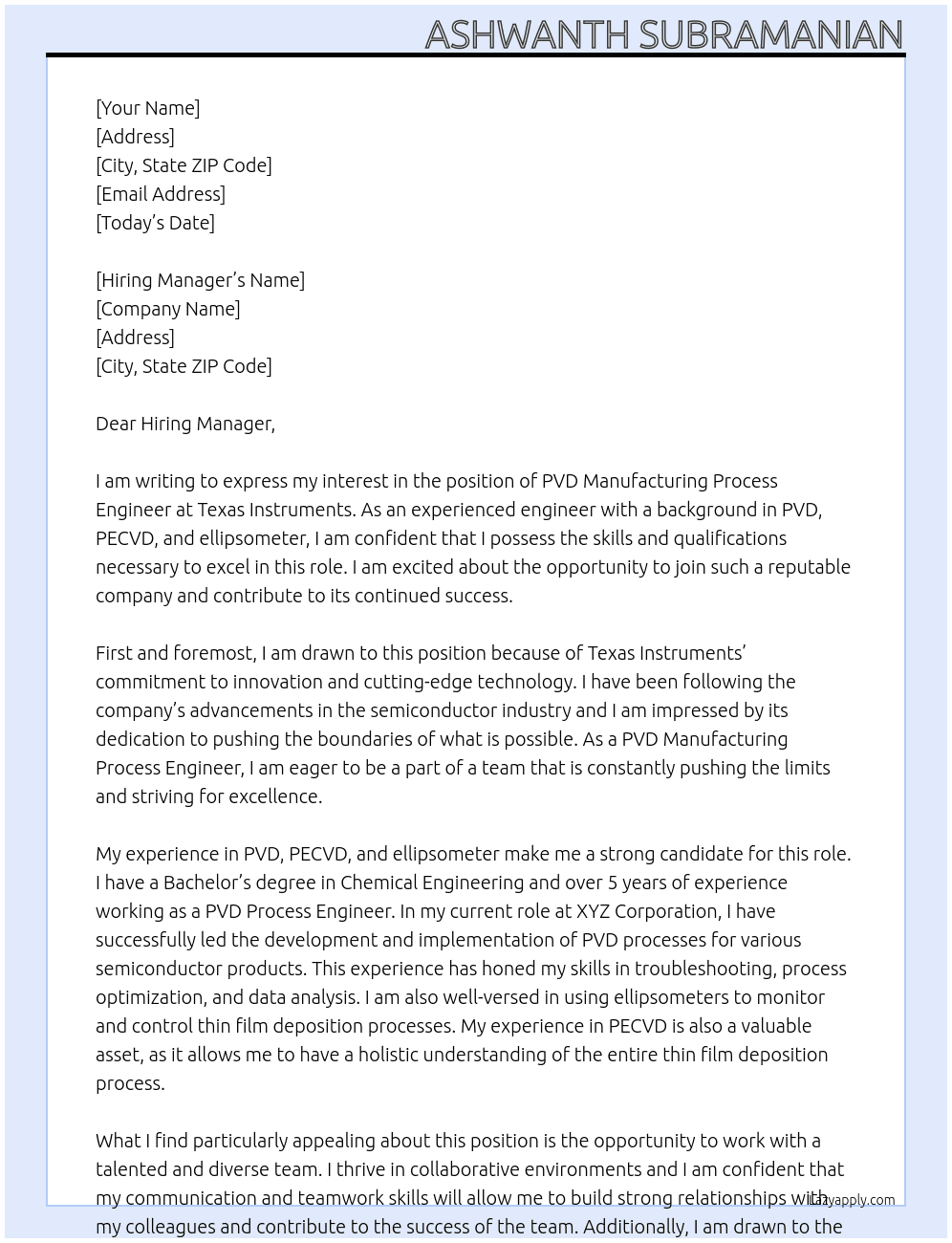 Cover letter for pvd manufacturing process engineer - LazyApply