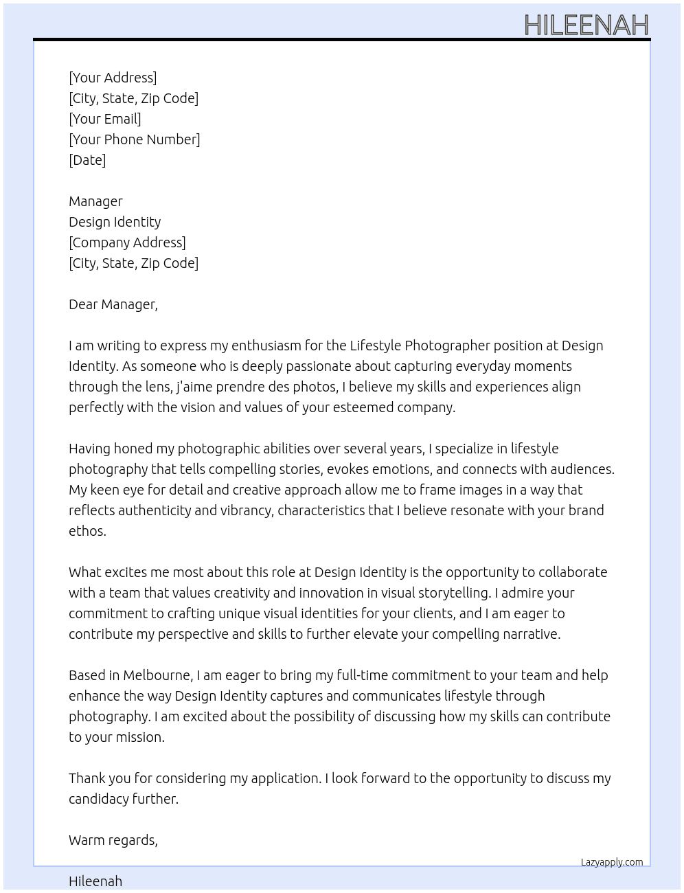lifestyle photographer At Design Identity Cover Letter