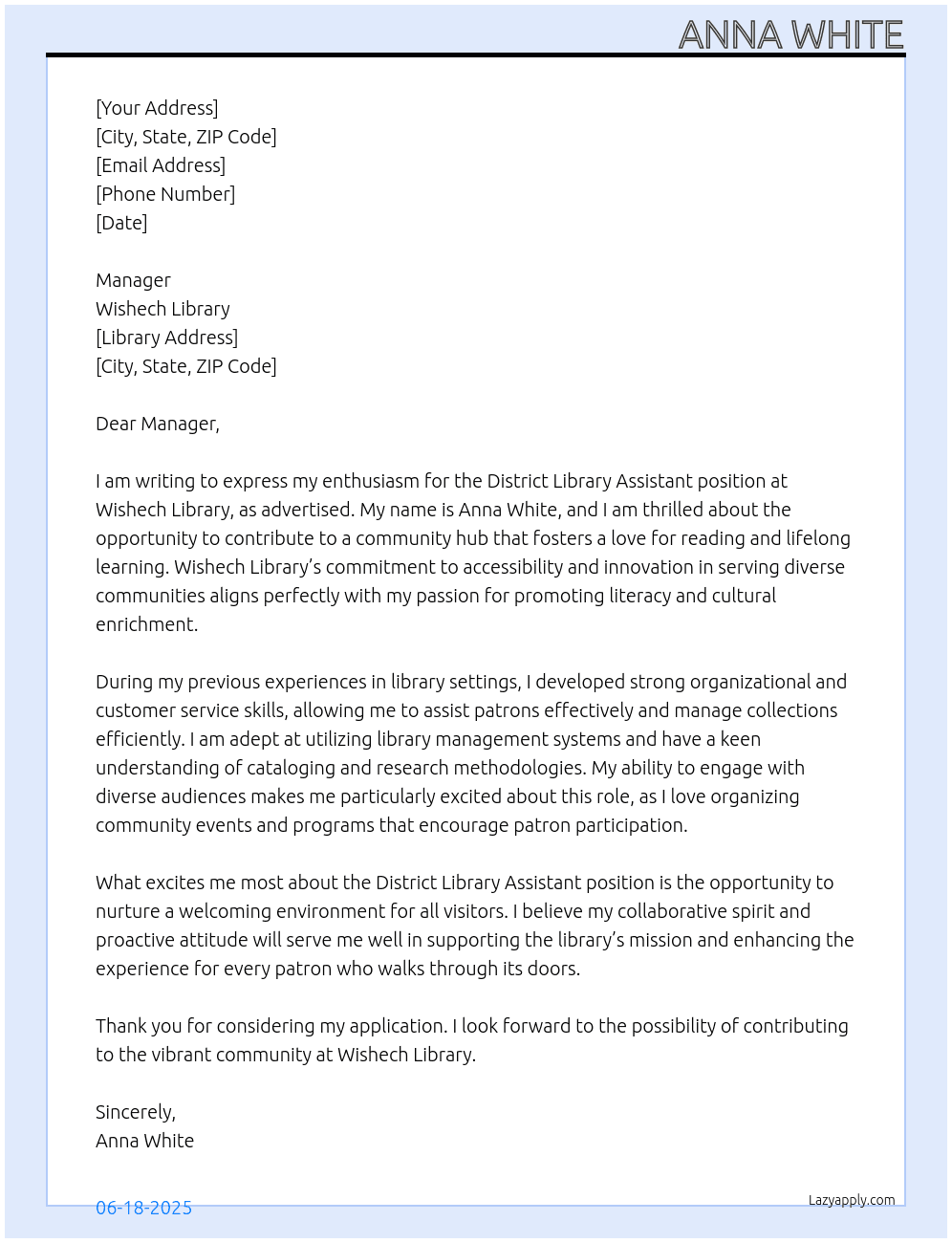 Cover letter for district library assistant - LazyApply