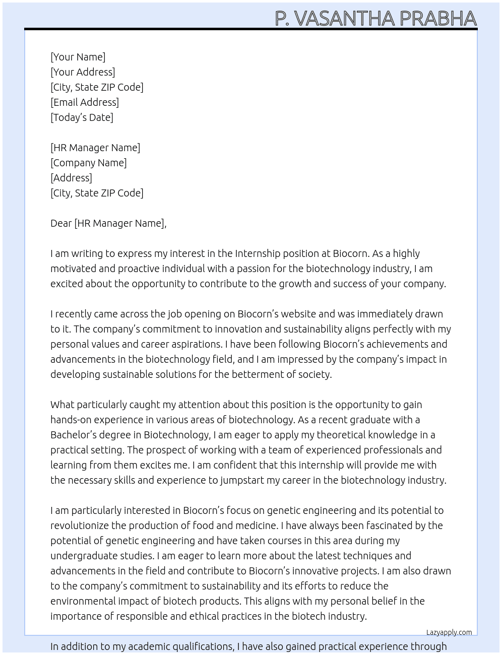 Internship  At Biocorn  Cover Letter