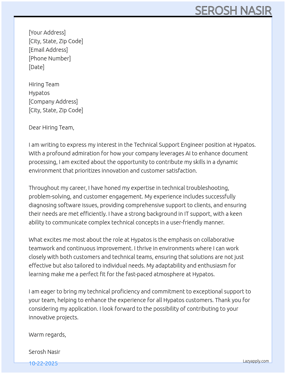 Technical Support Engineer At Hypatos Cover Letter