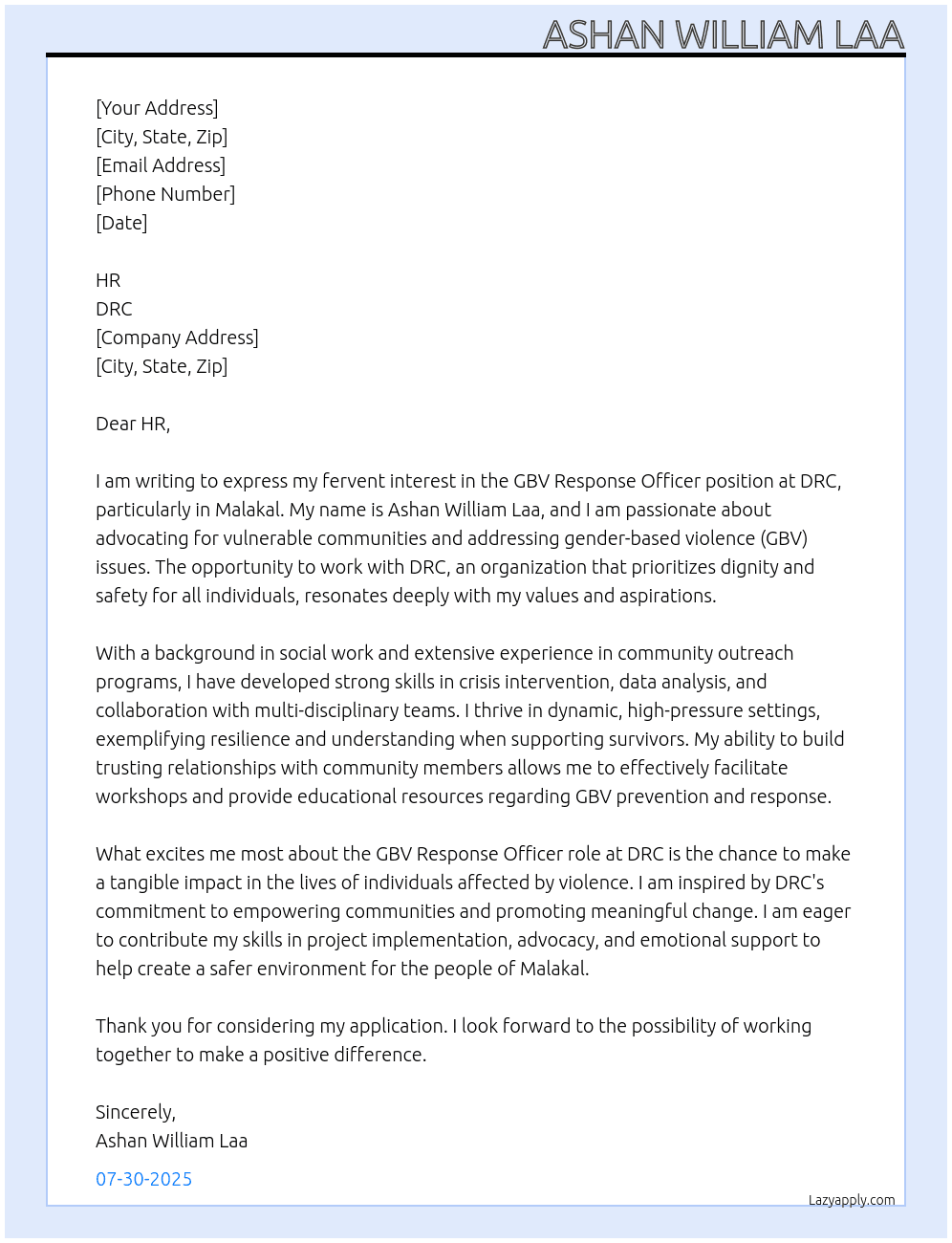 GBV response officer  At DRC Cover Letter