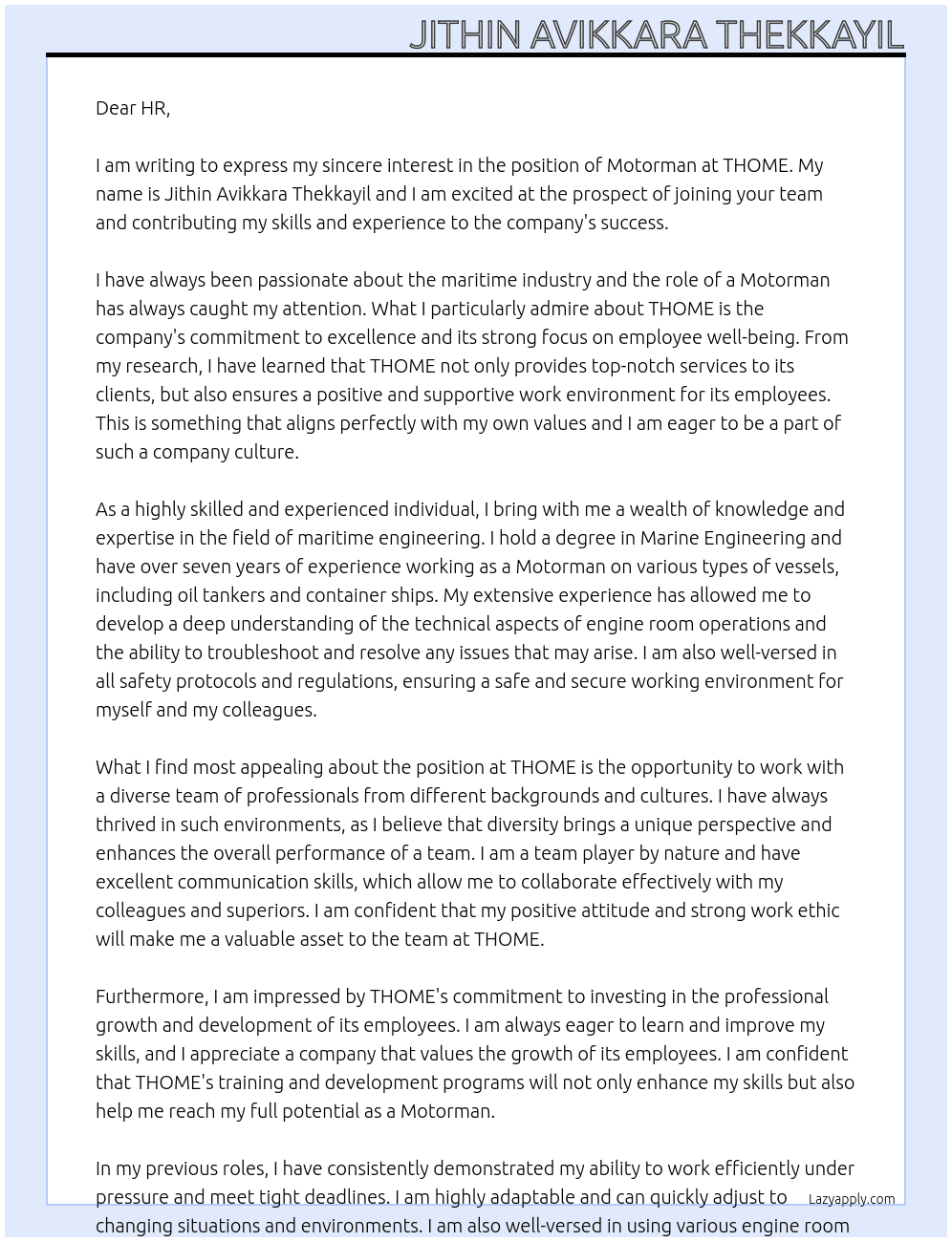 MOTORMAN At THOME Cover Letter