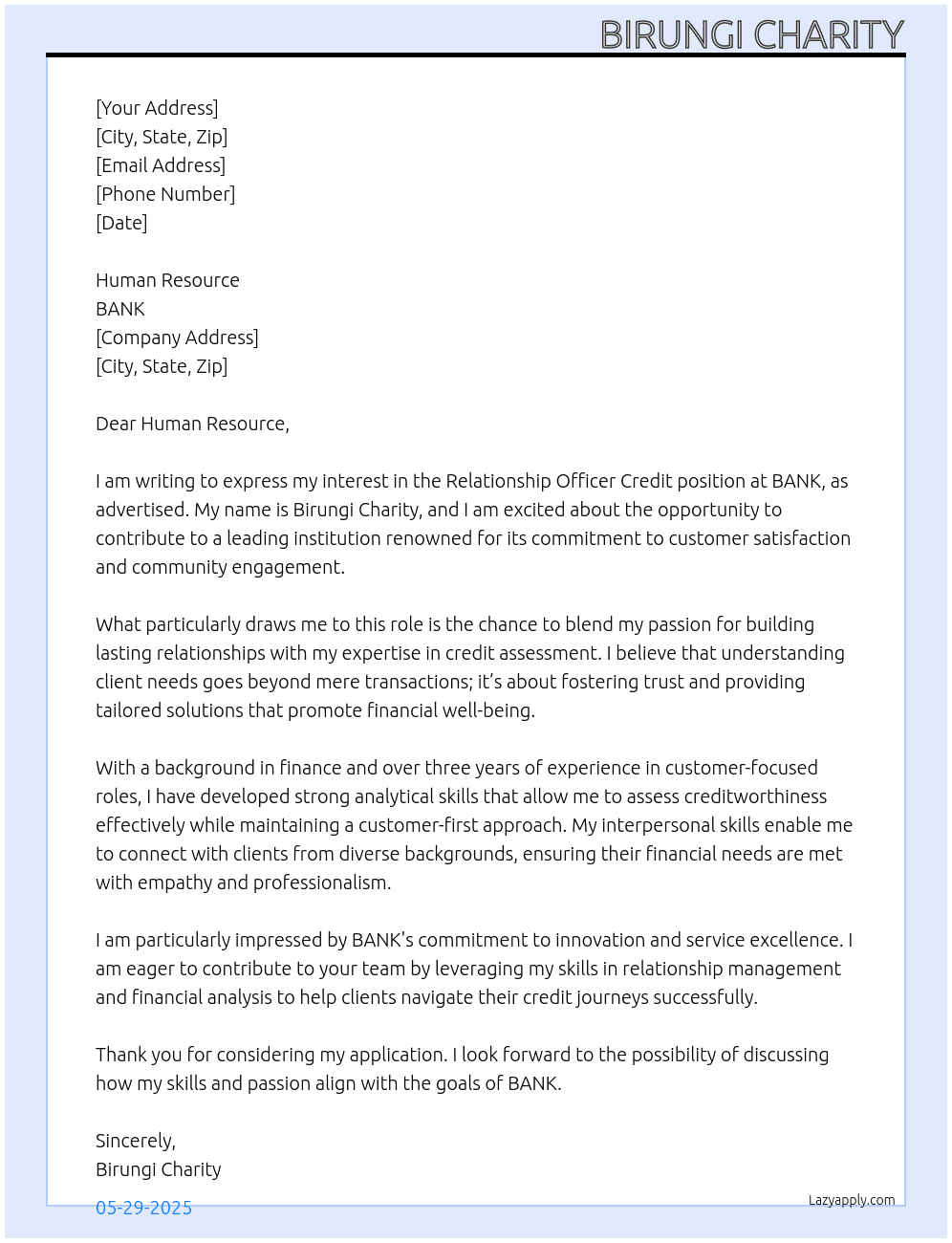 RELATIONSHIP OFFICER CREDIT At BANK Cover Letter