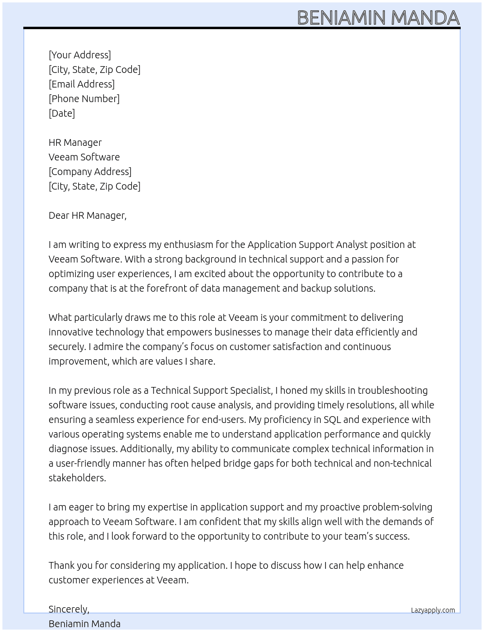 Application Support Analyst At Veeam Software Cover Letter