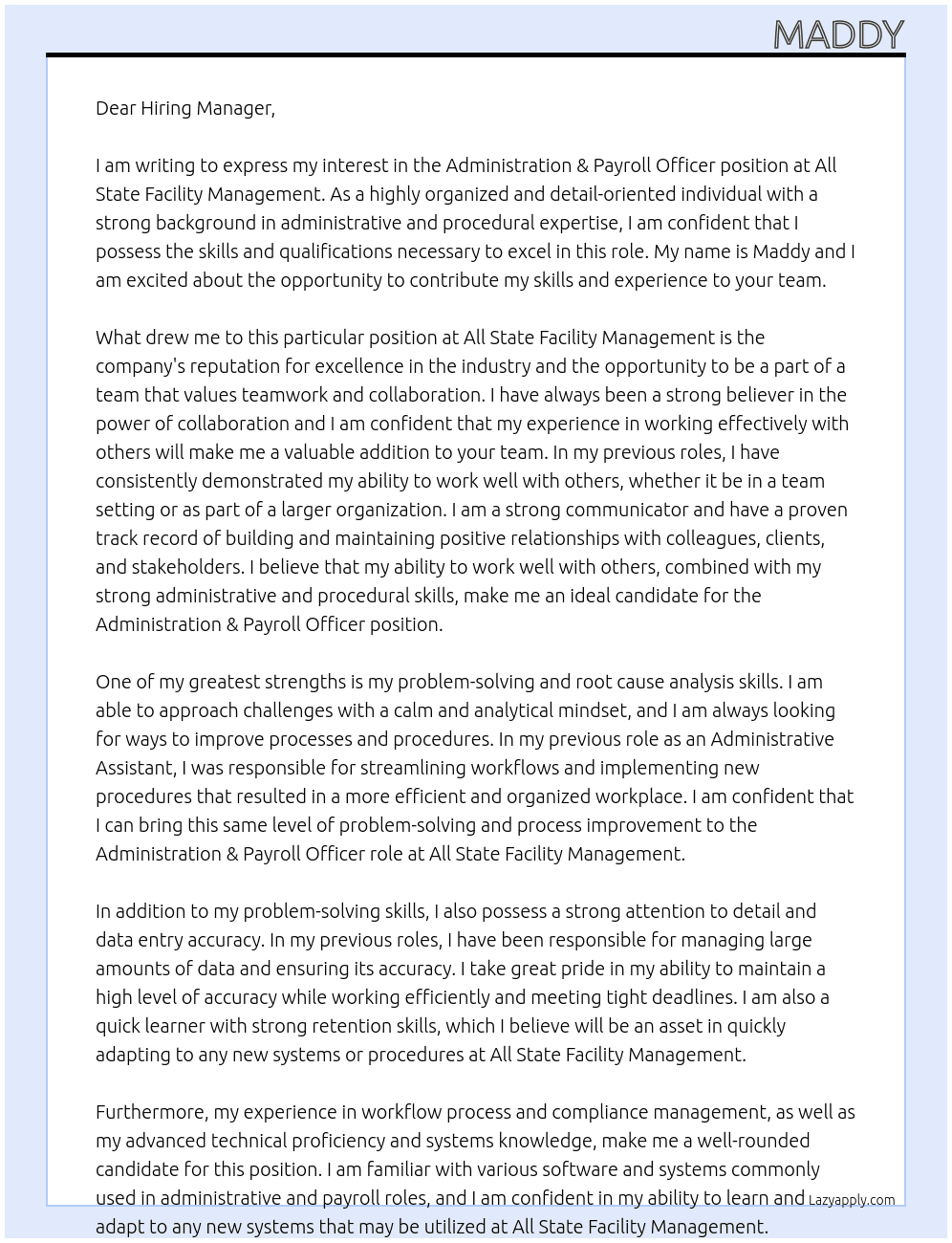 Administration & Payroll Officer At All State Facility Management Cover Letter