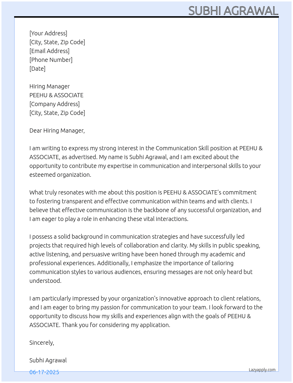 Cover letter for communication skill - LazyApply