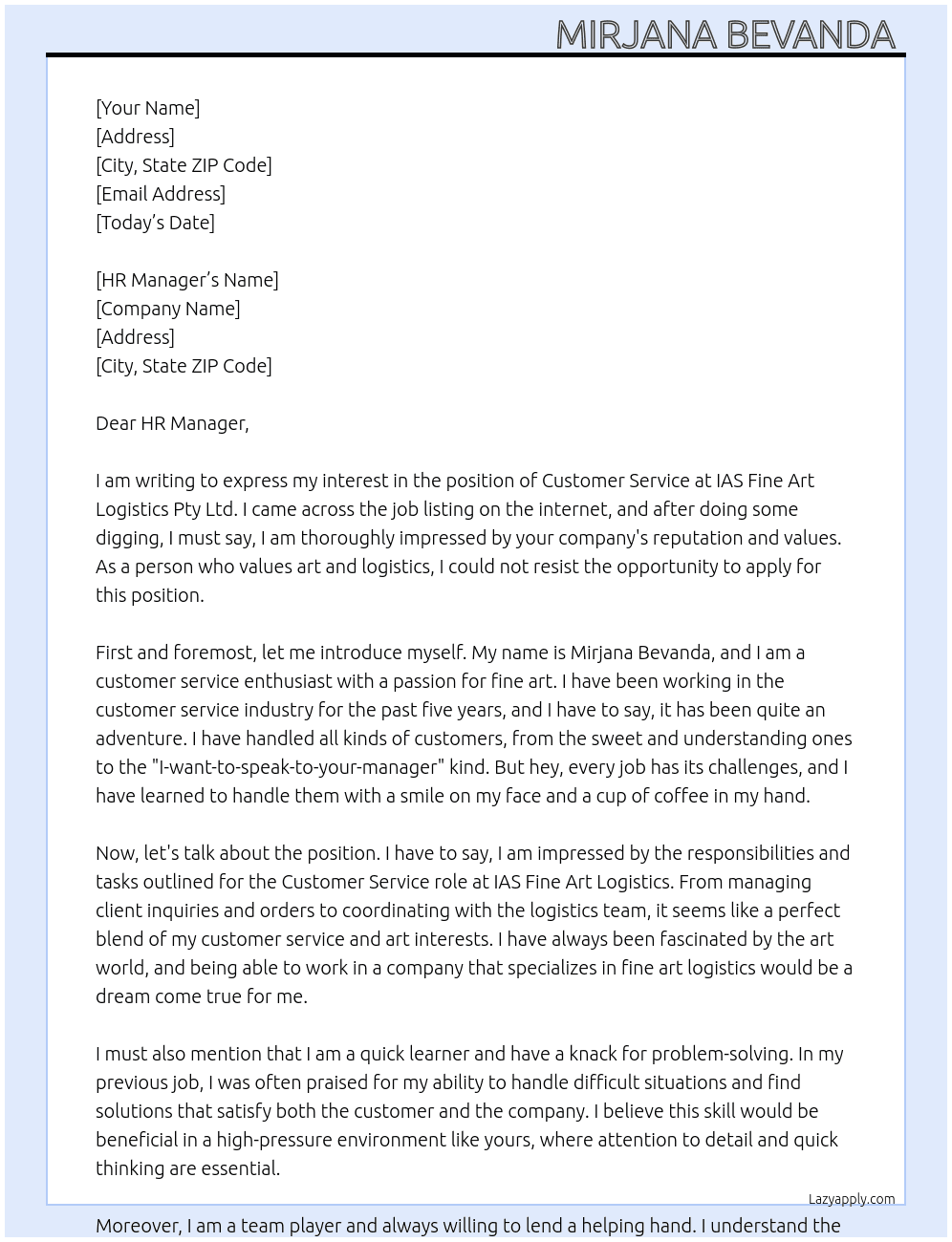 customer service At IAS Fine Art Logistics Pty Ltd Cover Letter