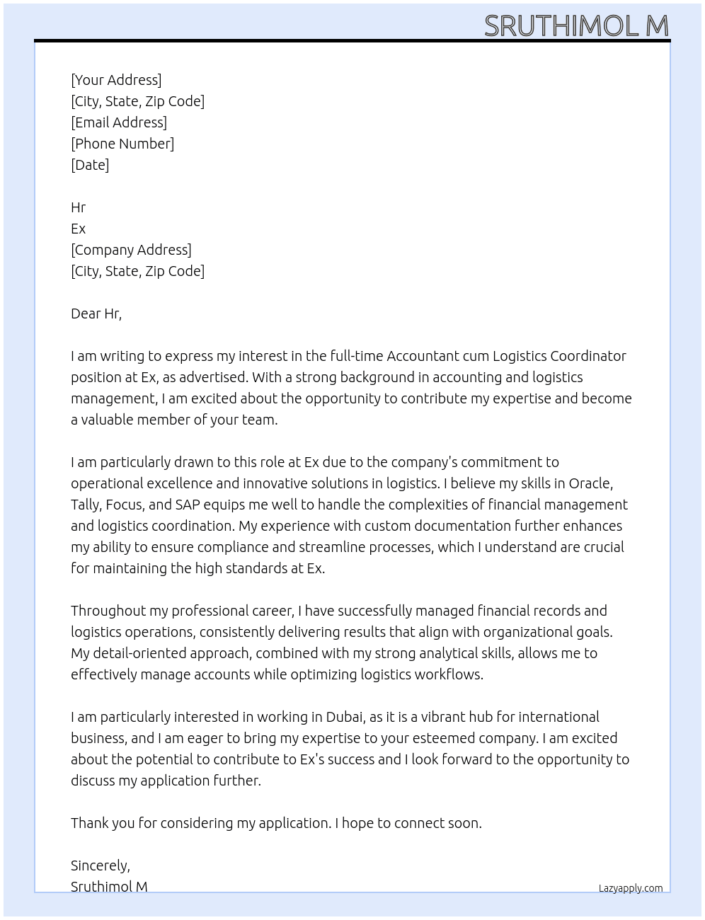 Accountant cum logistics coordinator  At Ex Cover Letter