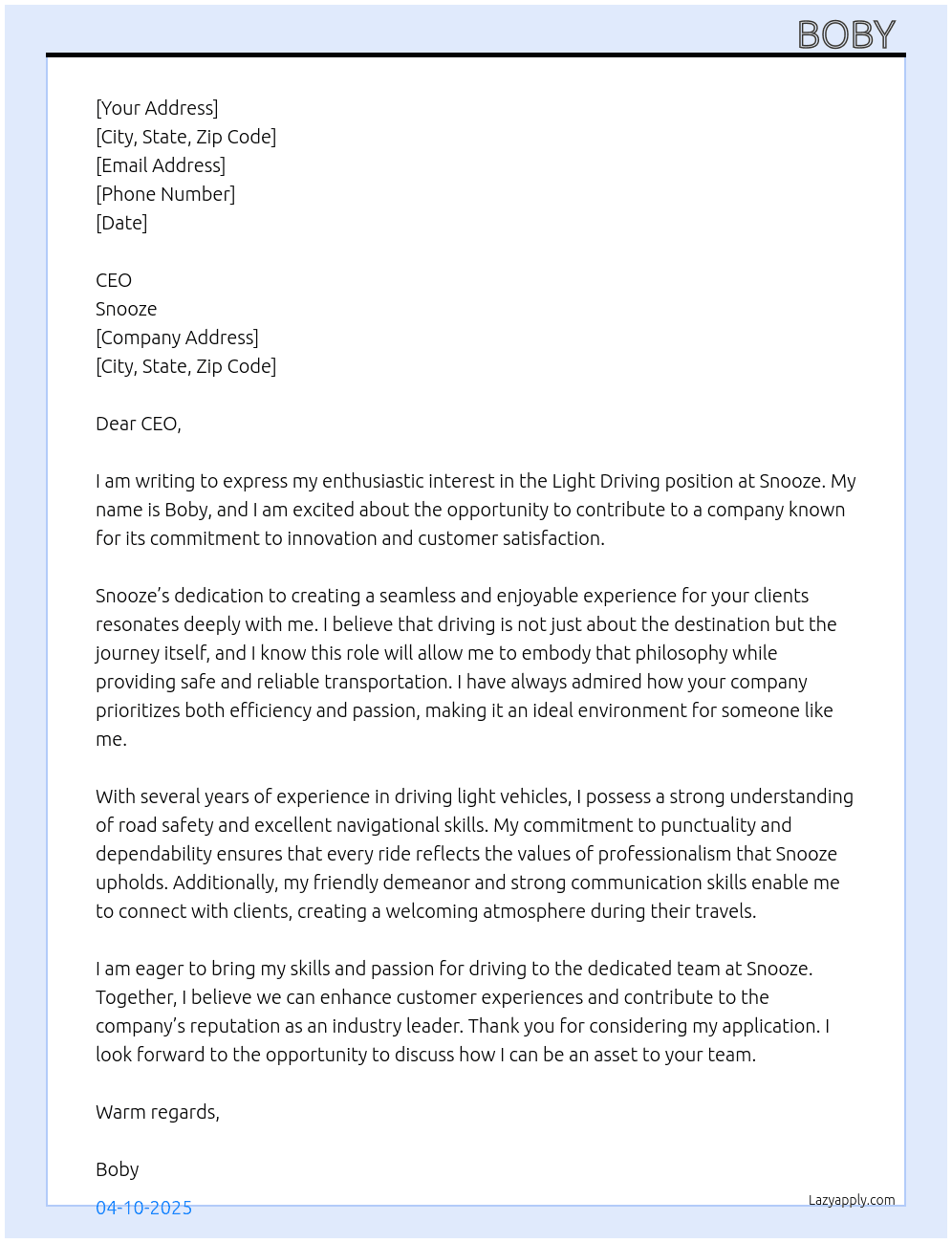 Cover letter for light driving - LazyApply