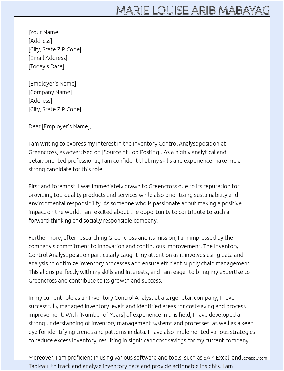 Inventory Control Analyst At Greencross  Cover Letter
