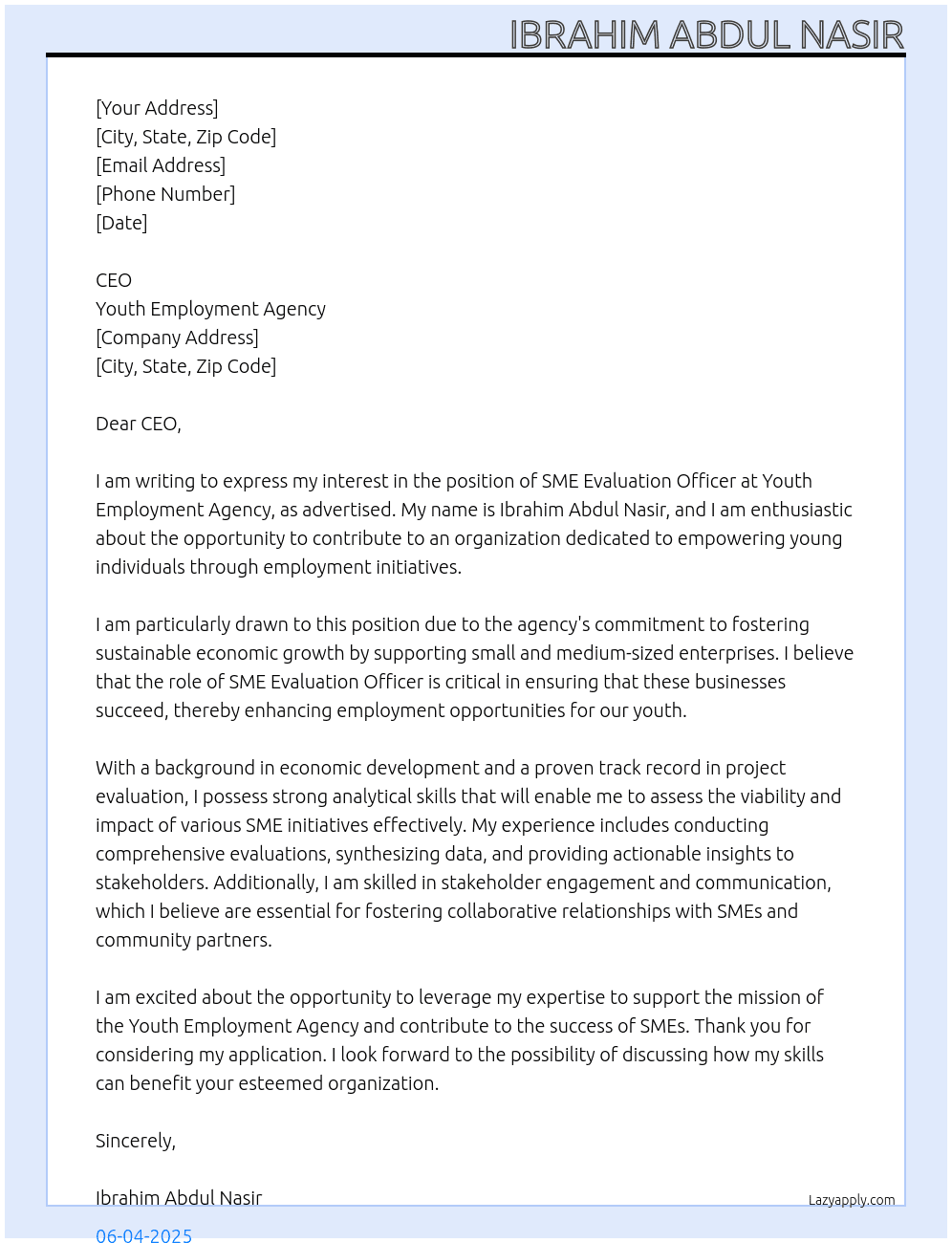 SME Evaluation Officer At Youth Employment Agency Cover Letter