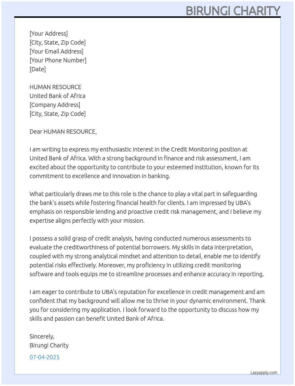 CREDIT MONITORING  At UNITED BANK OF AFRICA Cover Letter