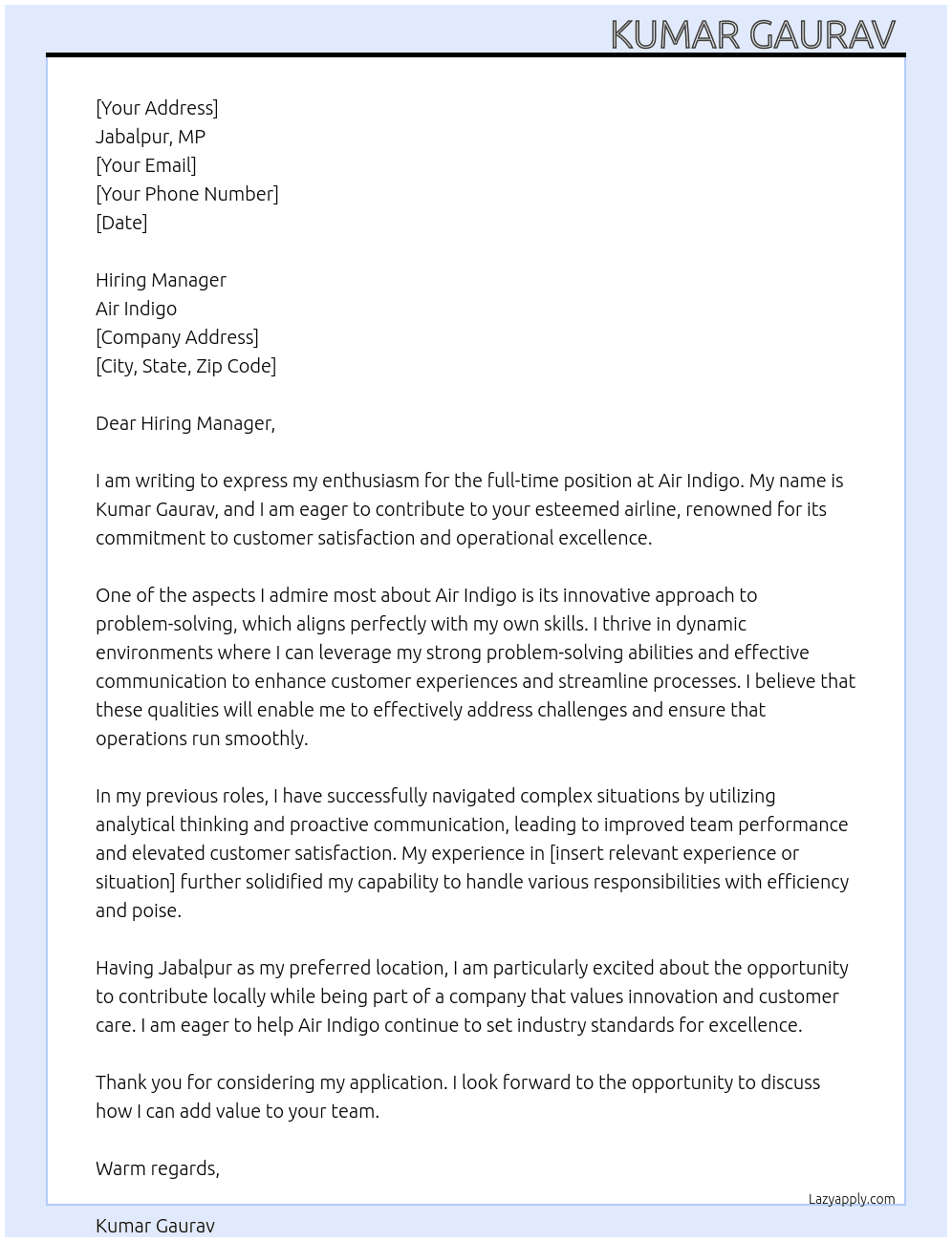 Cover letter for air indigo - LazyApply