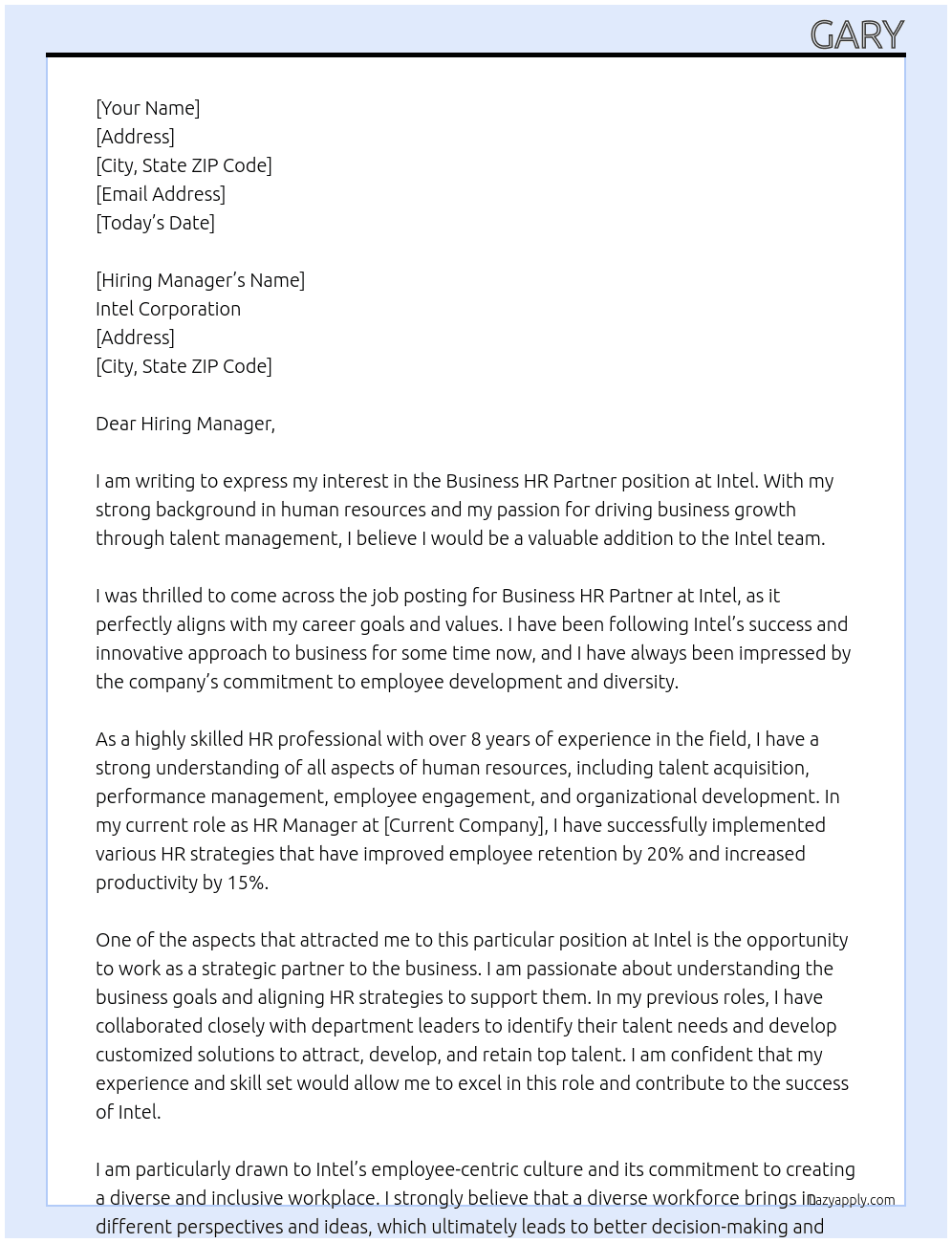 Business HR Partner At Intel Cover Letter