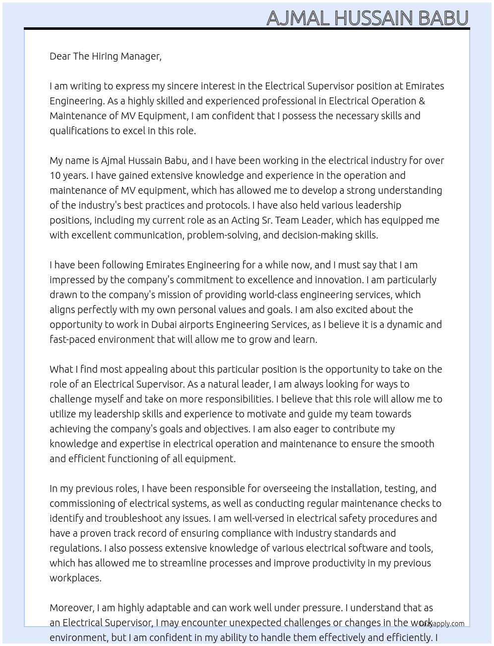 Electrical Supervisor At Emirates Engineering  Cover Letter