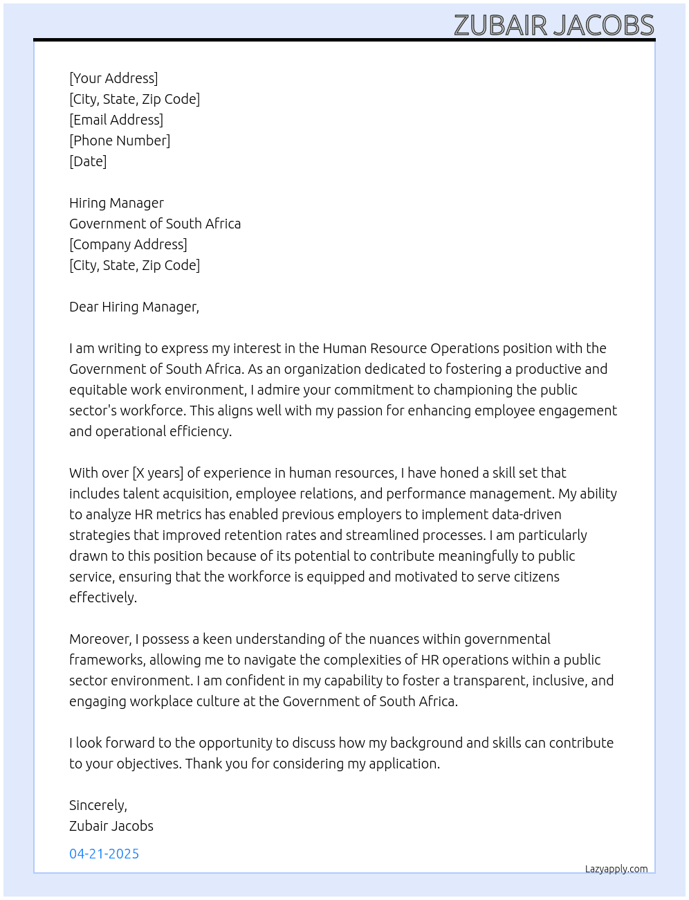 Human Resource Operations  At Government of South Africa  Cover Letter
