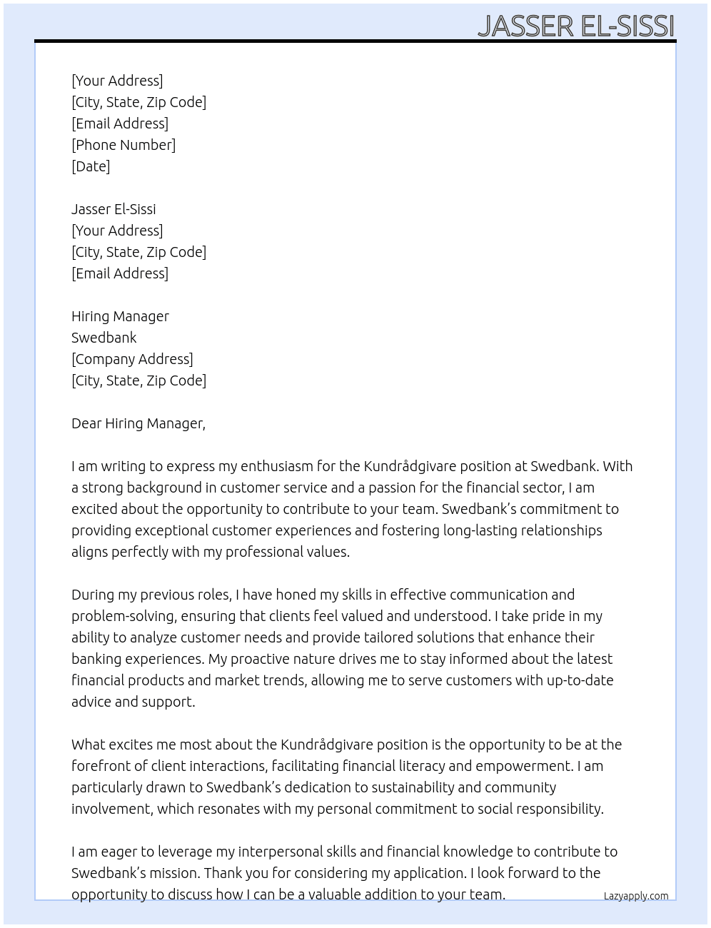 Kundrådgivare  At Swedbank Cover Letter