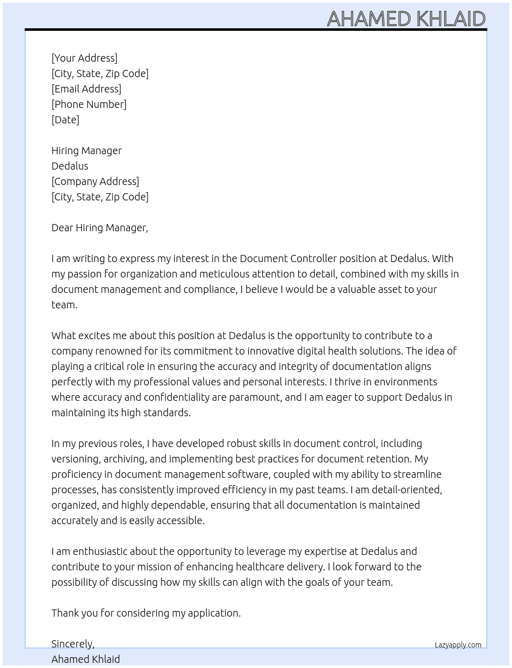 Document Controller At dedalus Cover Letter
