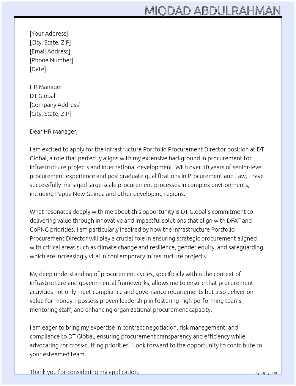 Infrastructure Portfolio Procurement Director At DT Global Cover Letter