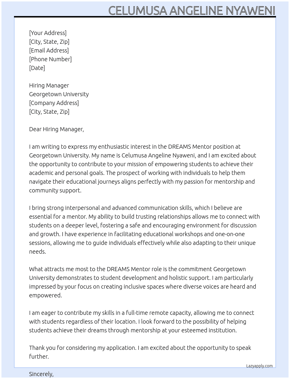 Cover letter for dreams mentor - LazyApply