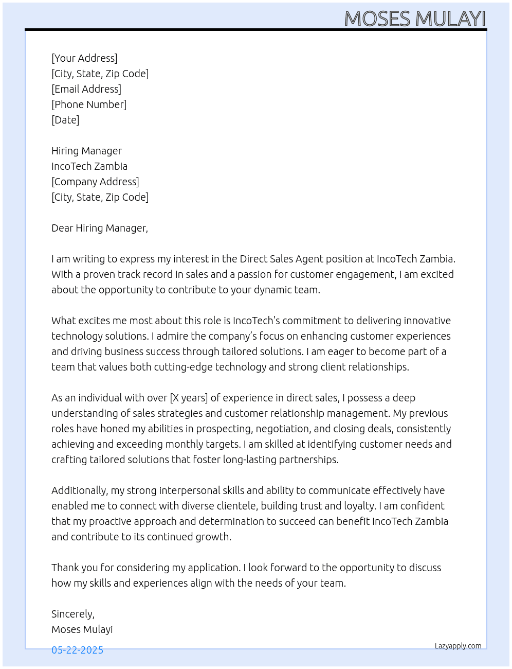 Direct Sales Agent At IncoTech Zambia  Cover Letter