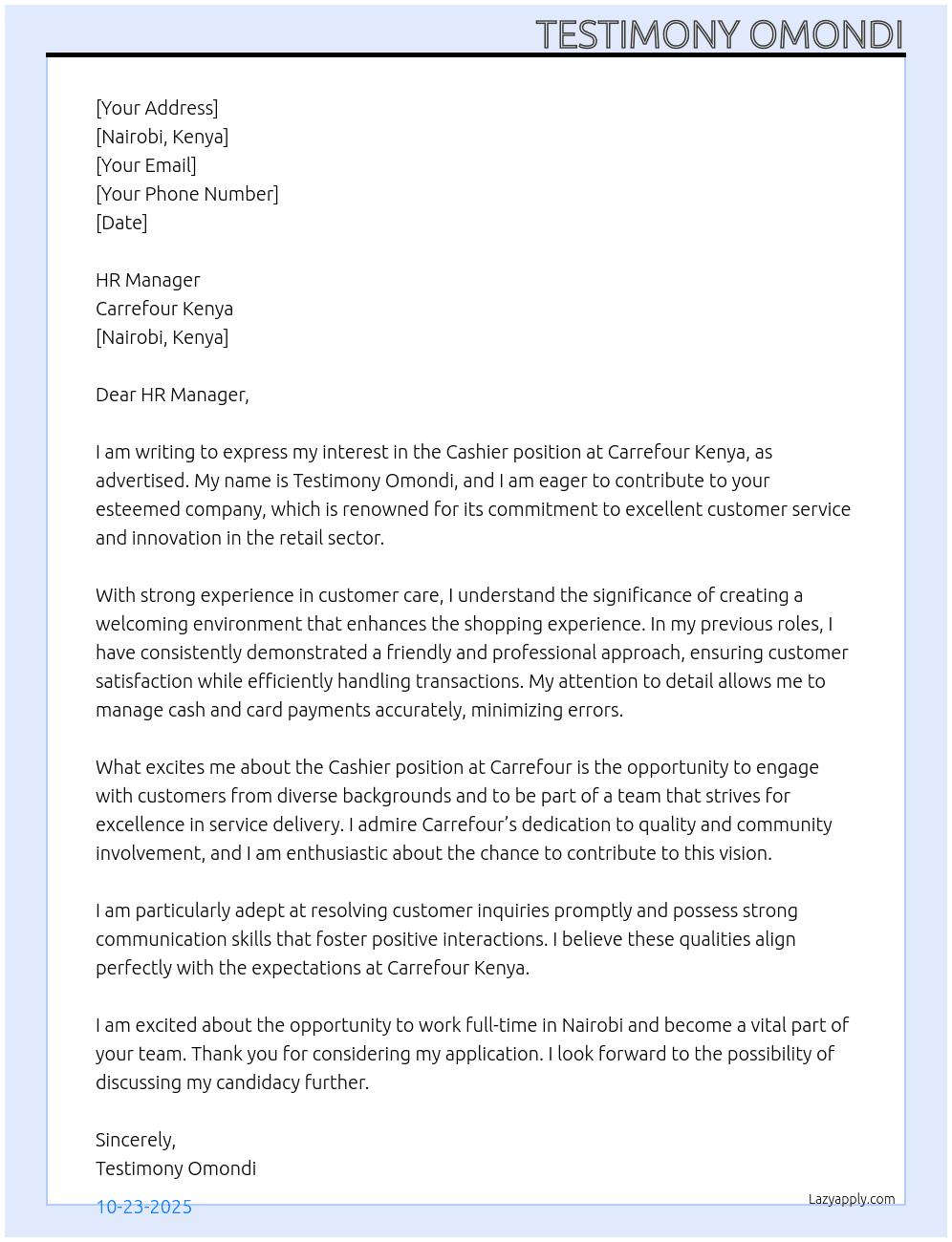 Cashier  At Carrefour Kenya Cover Letter