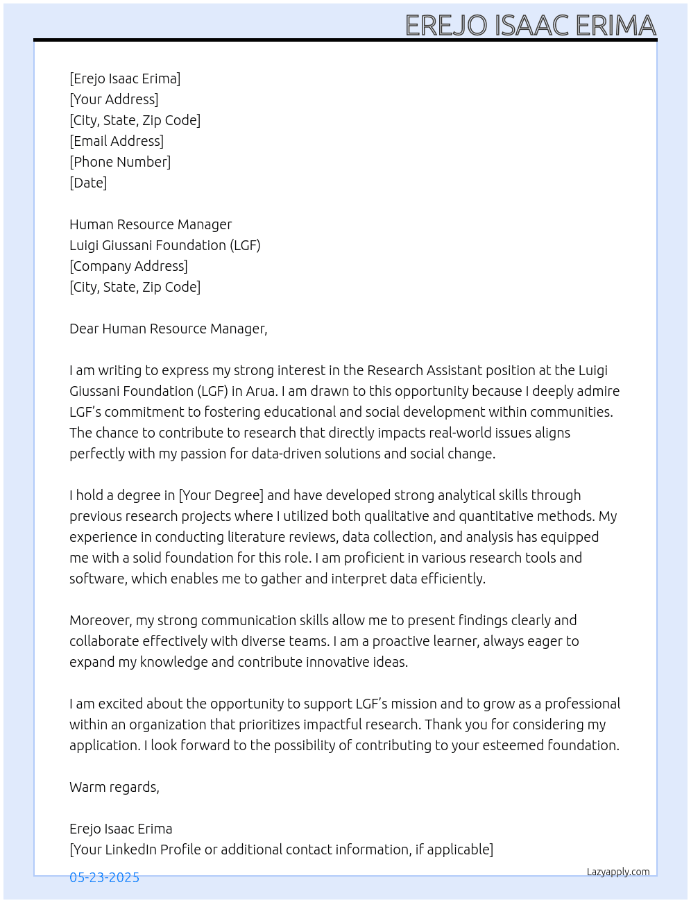 Cover letter for research assistant - arua - LazyApply