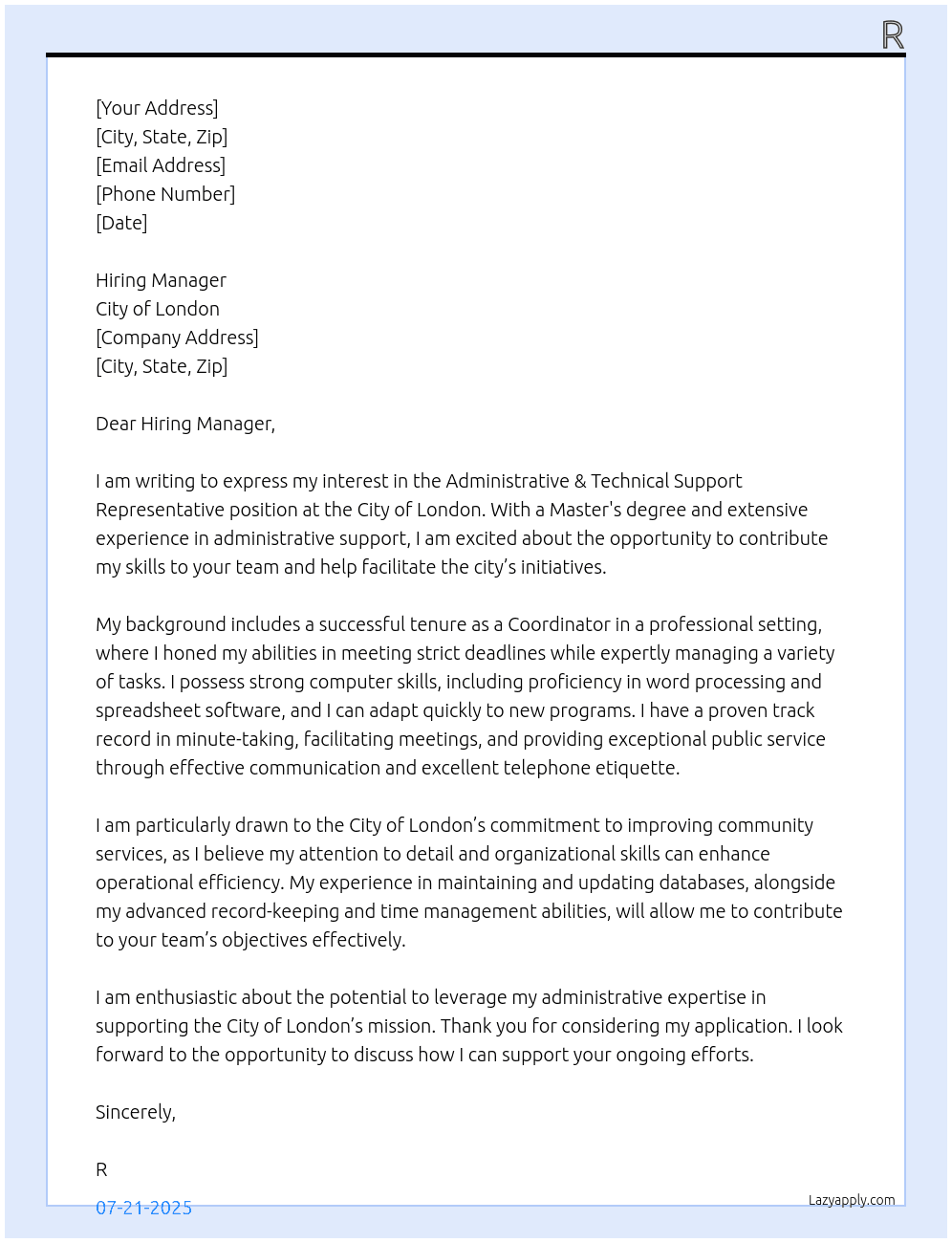 Administrative & Technical Support Representative At City of London Cover Letter