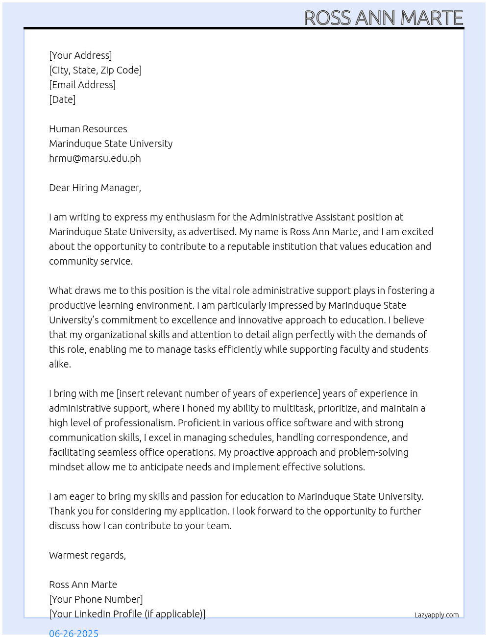 Administrative assistant At Marinduque state university  Cover Letter