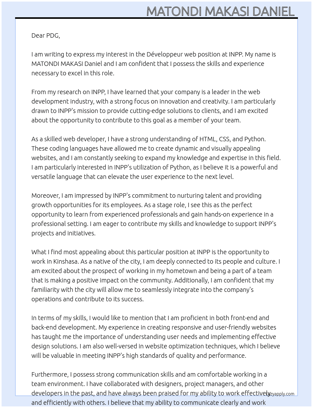Développeur web  At INPP Cover Letter