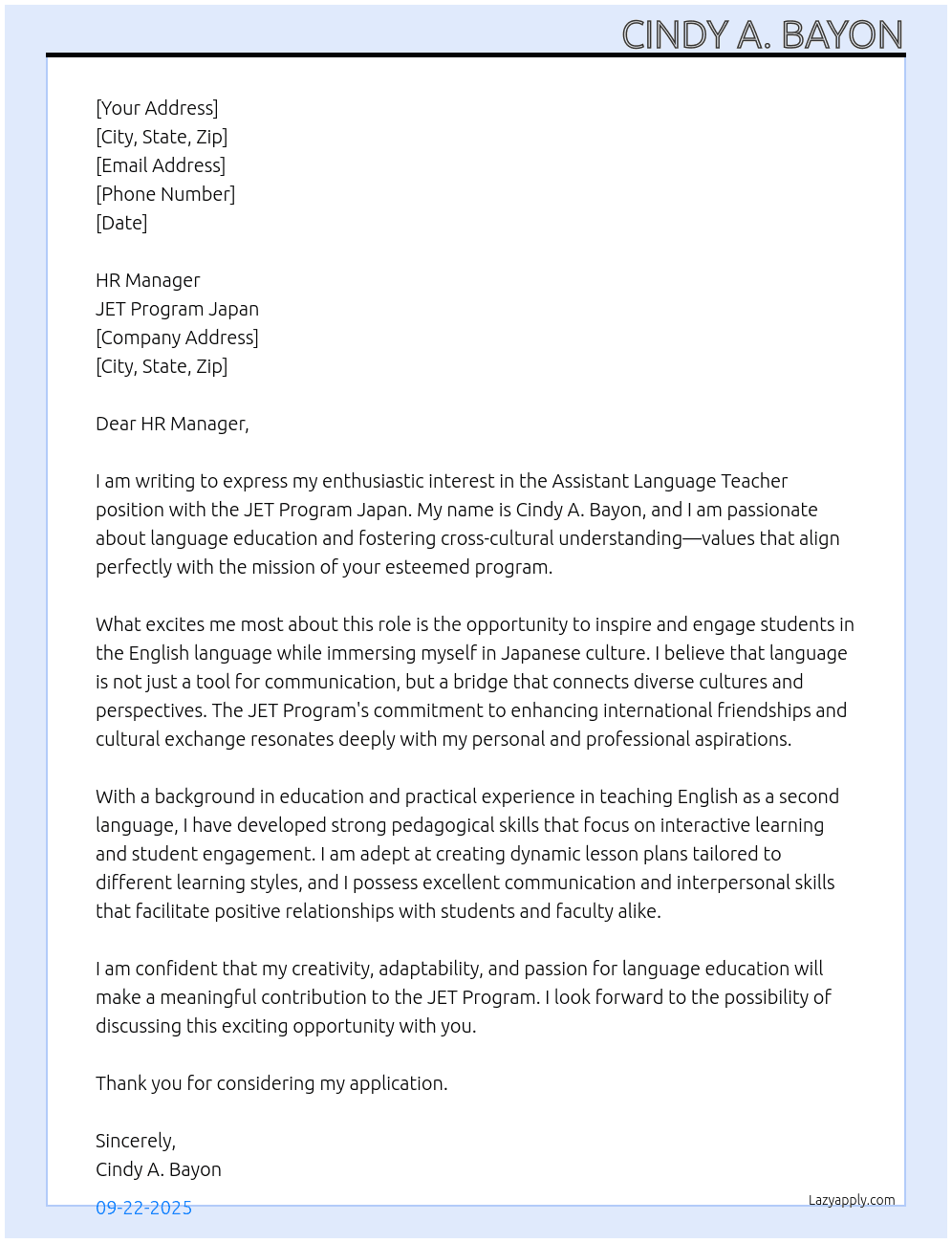 assistant Language teacher At JET program Japan Cover Letter