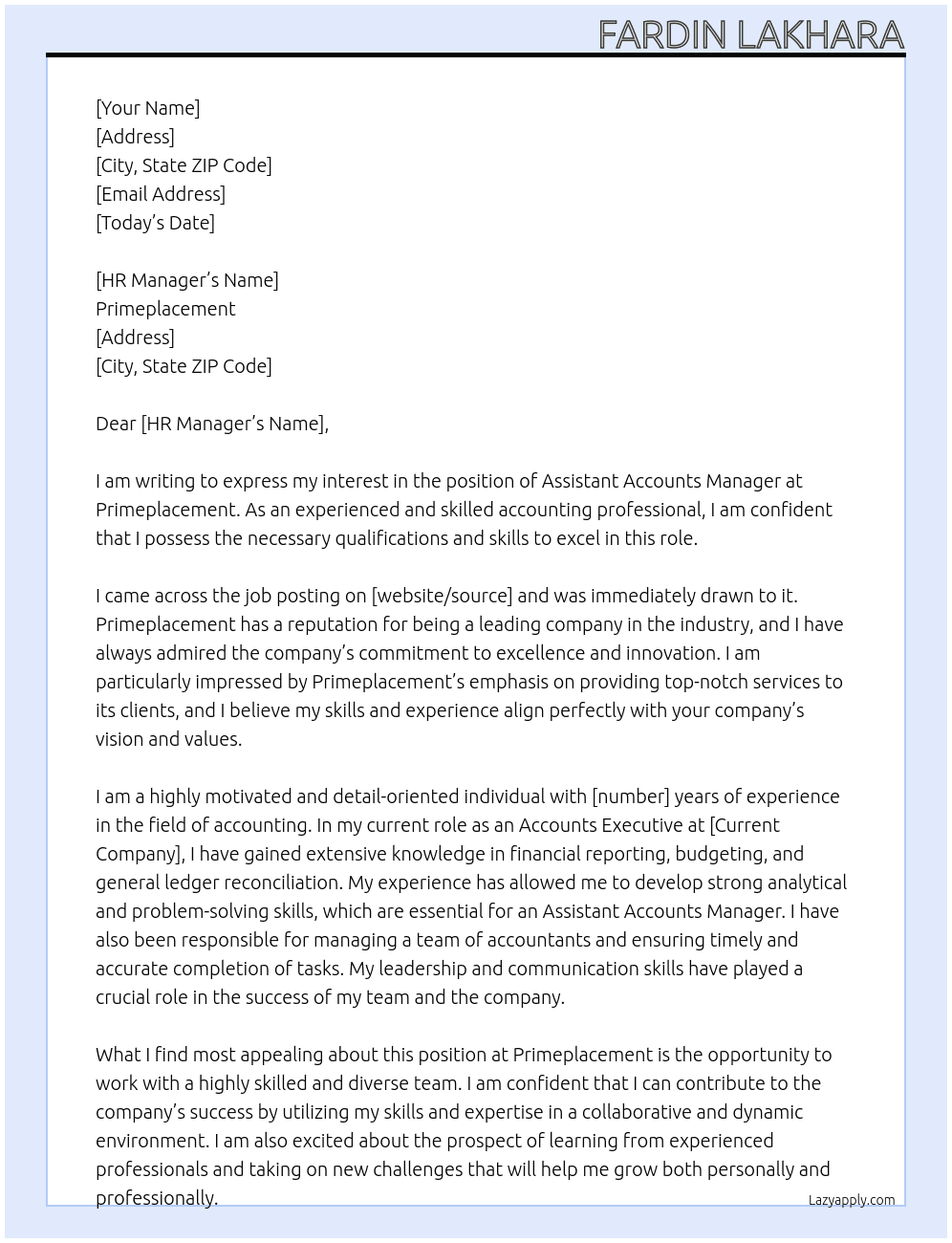 Assistant Accounts Manager At primeplacement Cover Letter