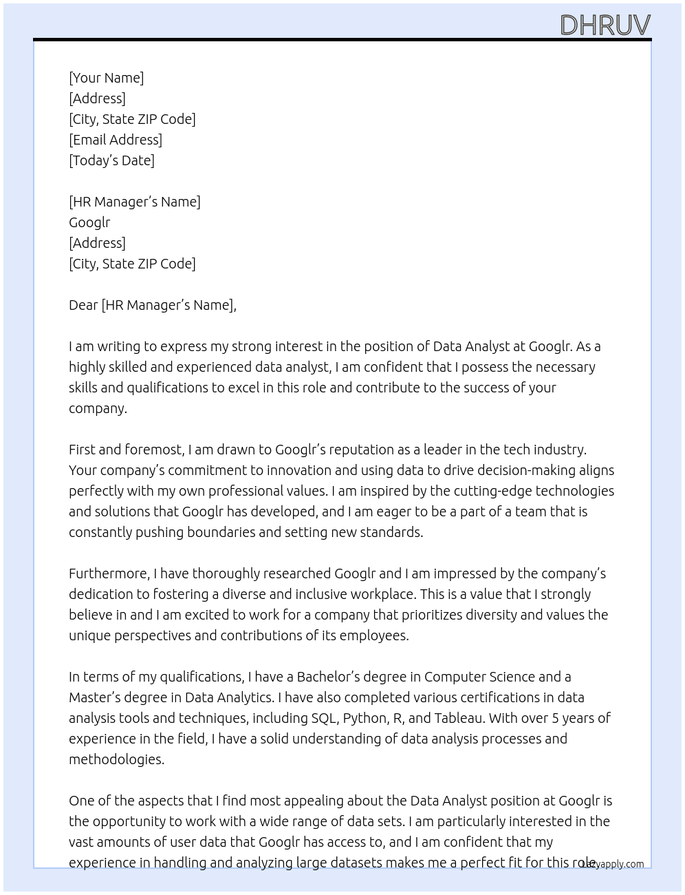 Data analyst  At Googlr Cover Letter