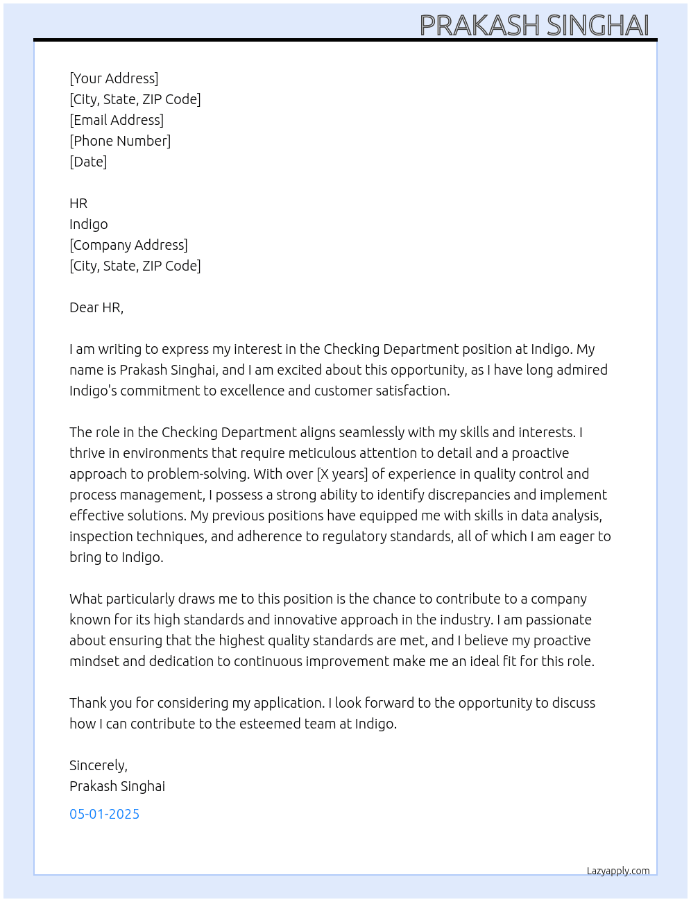 Cover letter for checking department - LazyApply