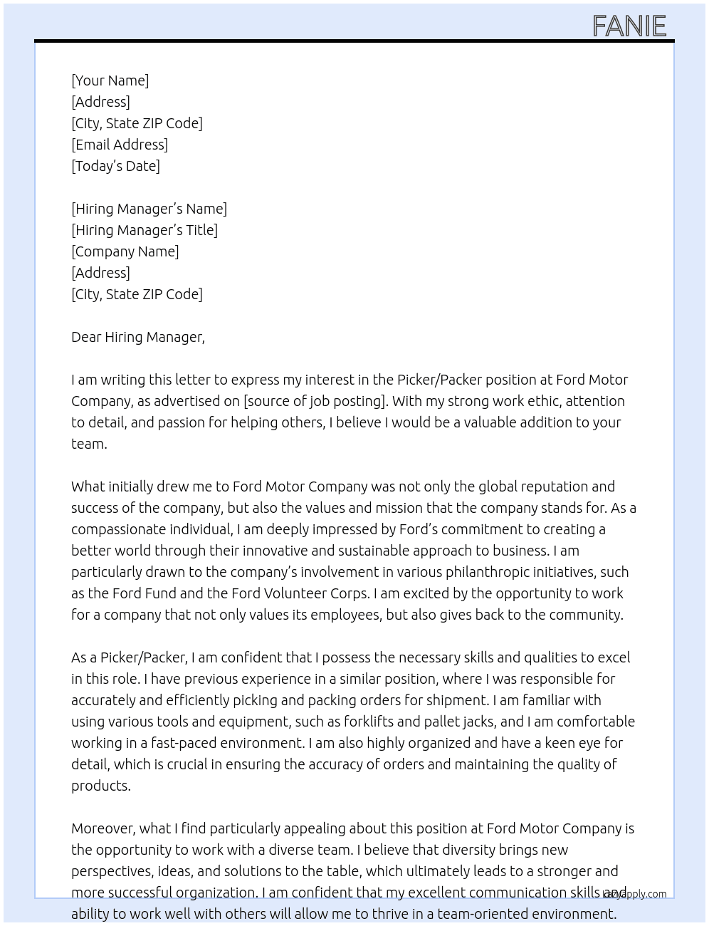 Picker/Packer At Ford Motor company  Cover Letter