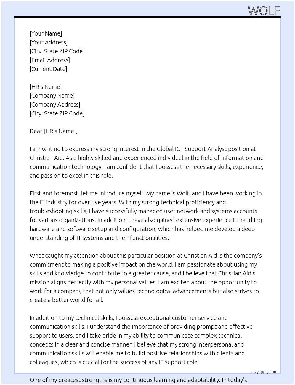 Cover letter for global ict support analyst - LazyApply