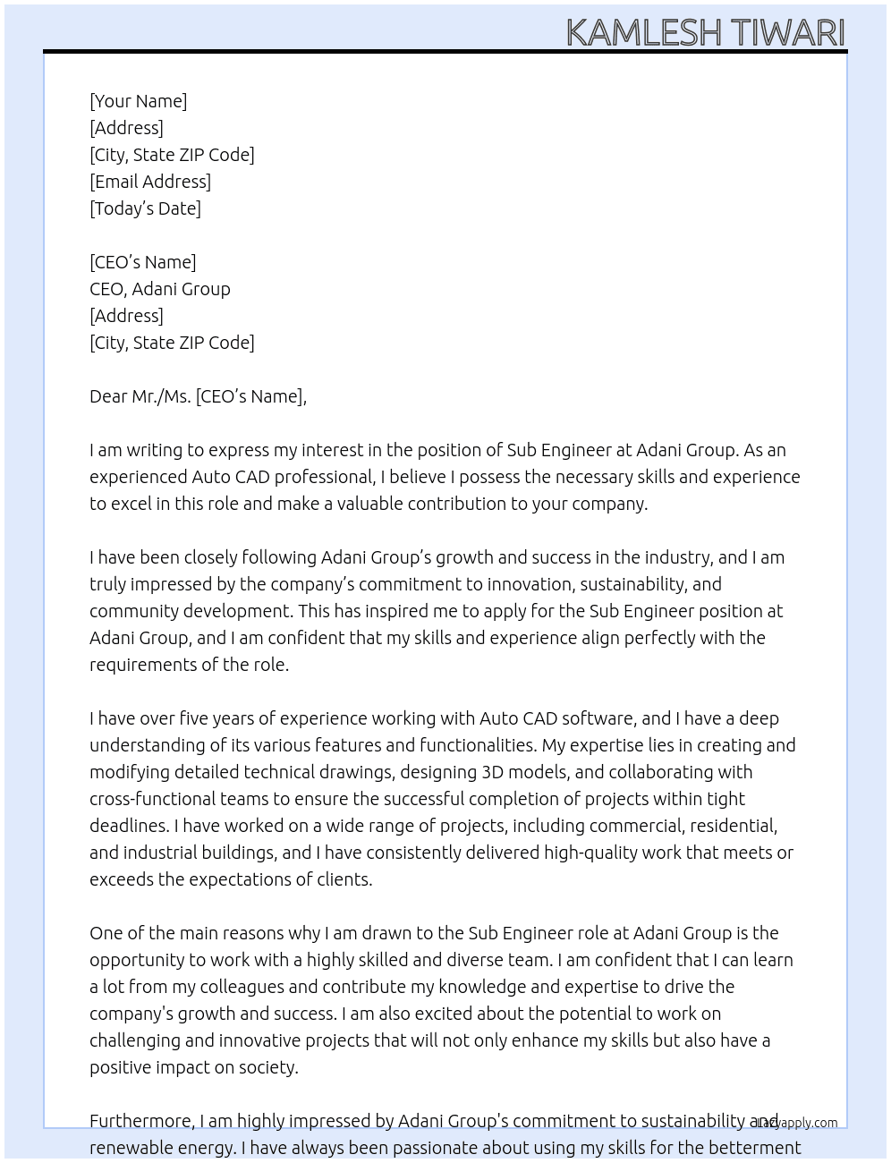 SUB ENGINEER  At ADANI GROUP Cover Letter