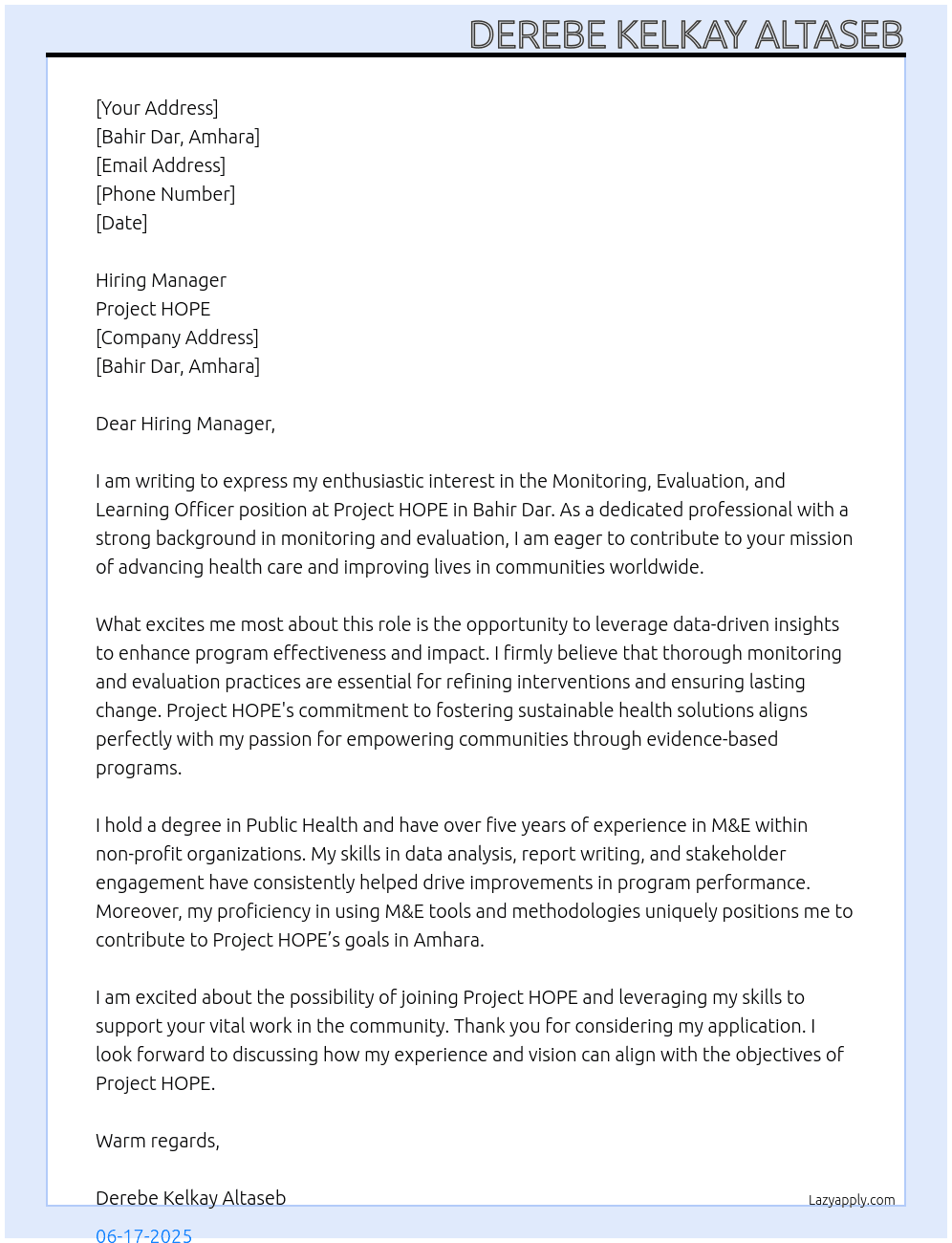 Monitoring, Evaluation and Learning Officer at Amhara (Bahir Dar) At Project HOPE Cover Letter