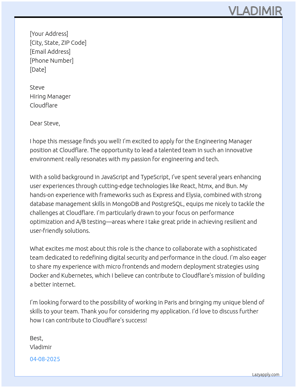 Engineering Manager At Cloudflare Cover Letter