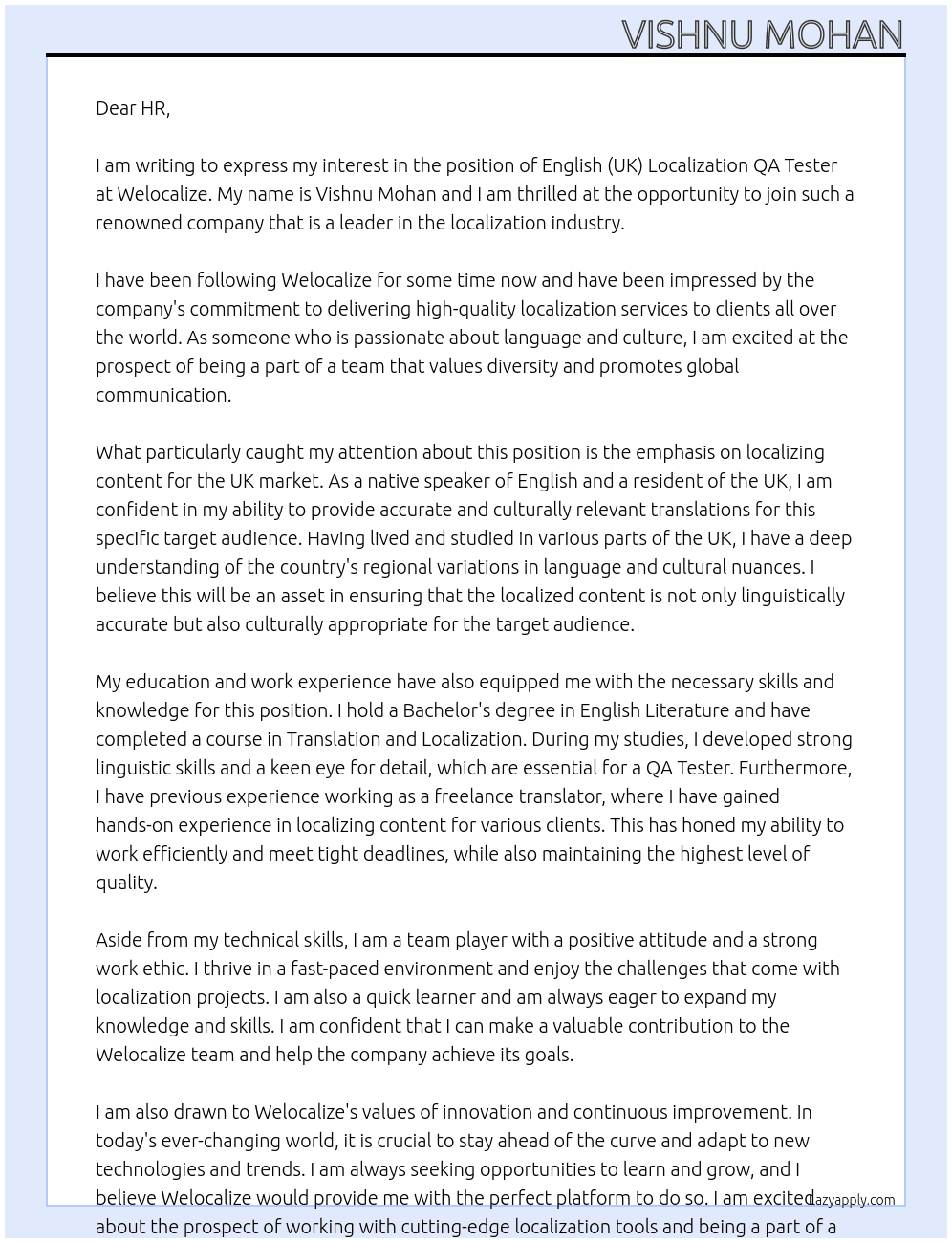 English (UK) Localization QA Tester At Welocalize Cover Letter