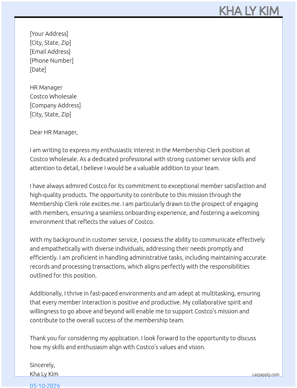 Membership Clerk  At Costco Whole sale  Cover Letter