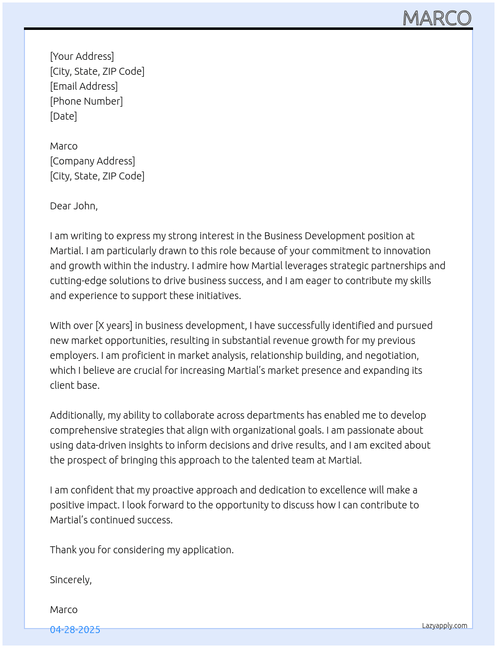 Business Development At Martial Cover Letter