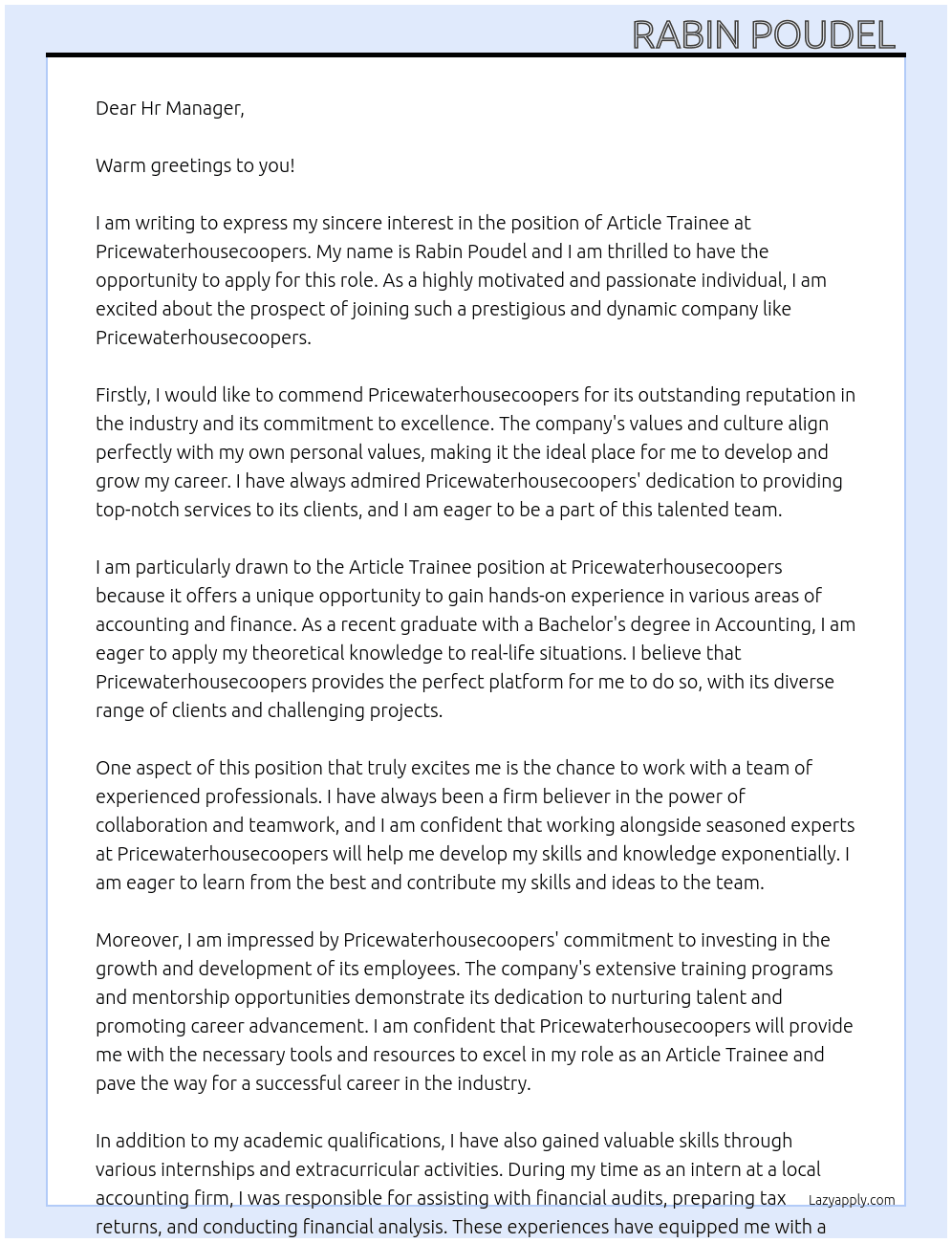 Article trainee At Pricewaterhousecoopers Cover Letter