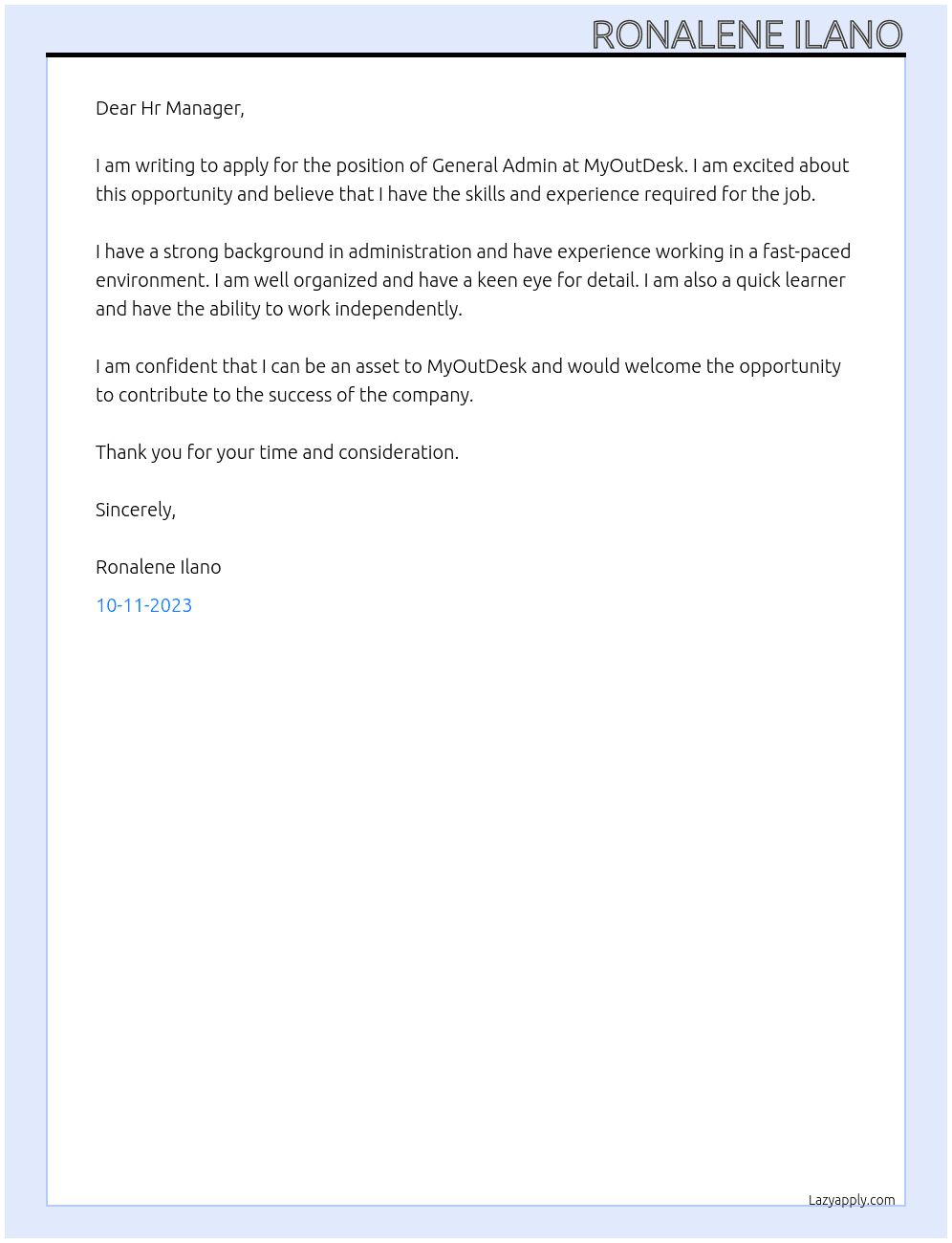 General Admin At MyOutDesk Cover Letter