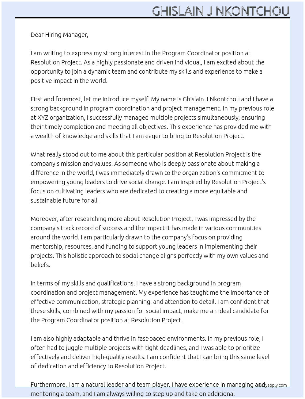 Program Coordinator At Resolution Project Cover Letter