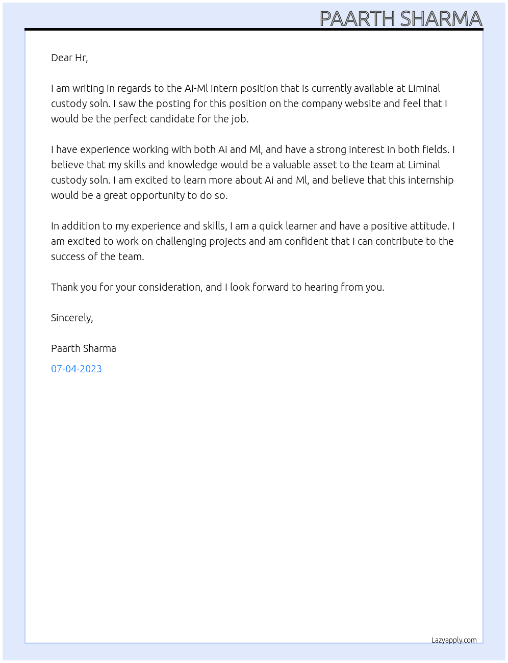 Ai - Ml intern At Liminal custody soln Cover Letter