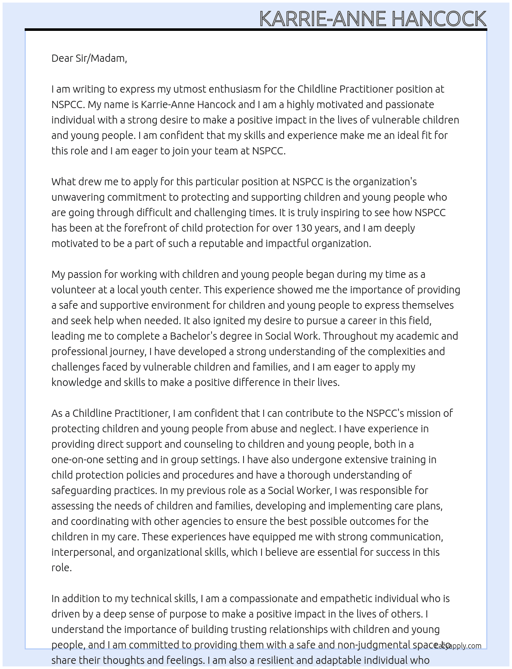Childline practitioner At NSPCC Cover Letter