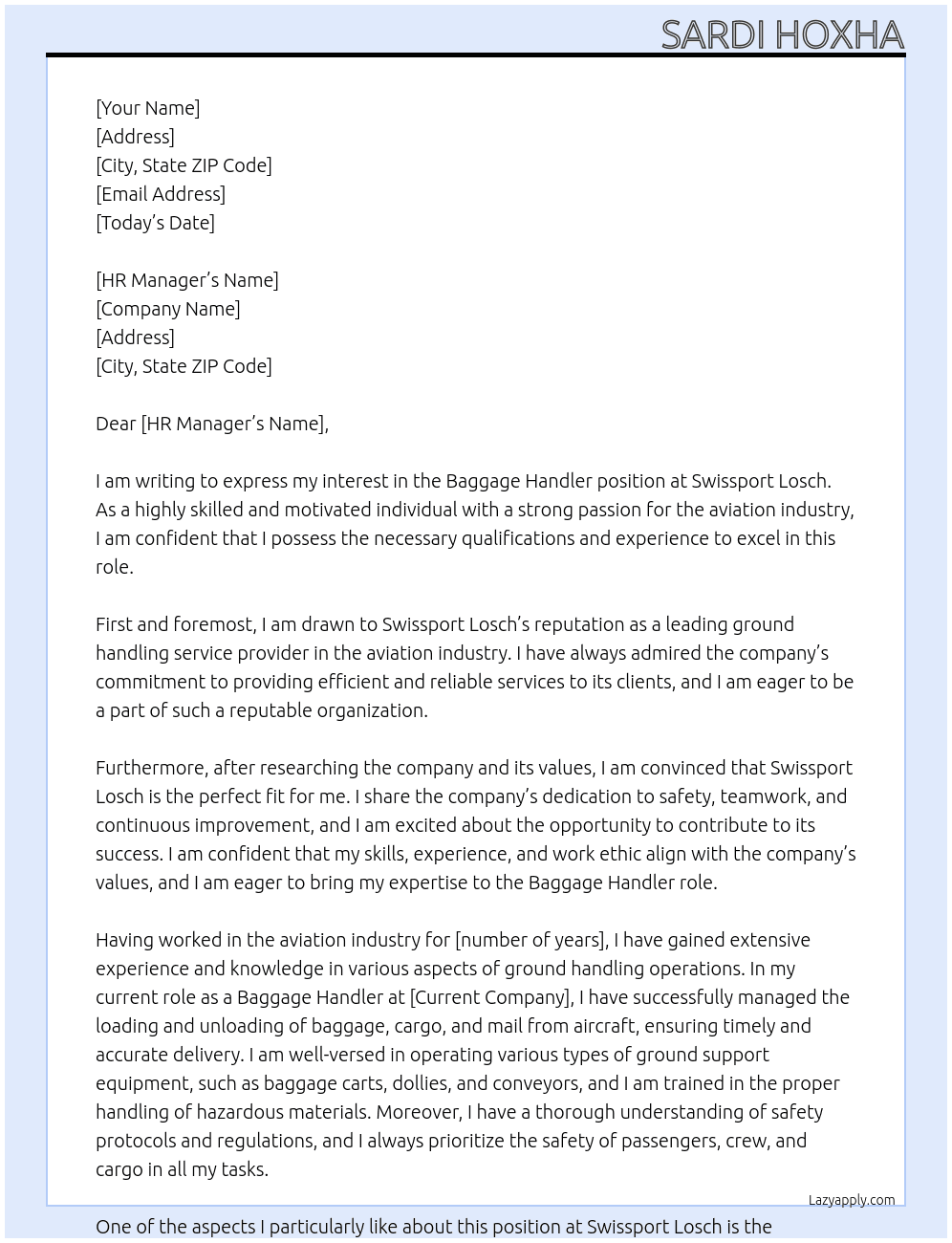 Baggage Handler At Swissport Losch Cover Letter