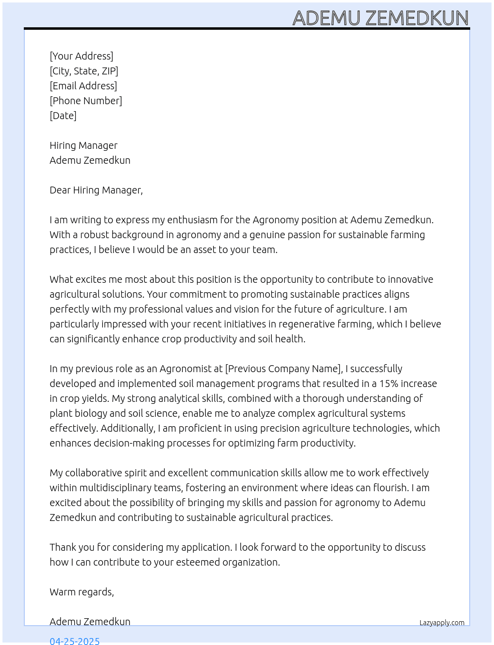 agronomy At Ademu Zemedkun Cover Letter